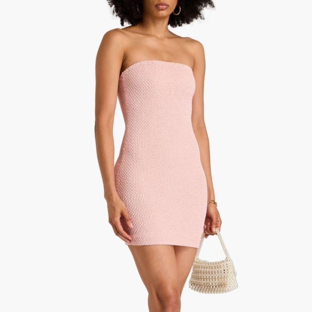 NWT ALICE + OLIVIA Leia strapless beaded mesh mini dress Pastel Pink 12